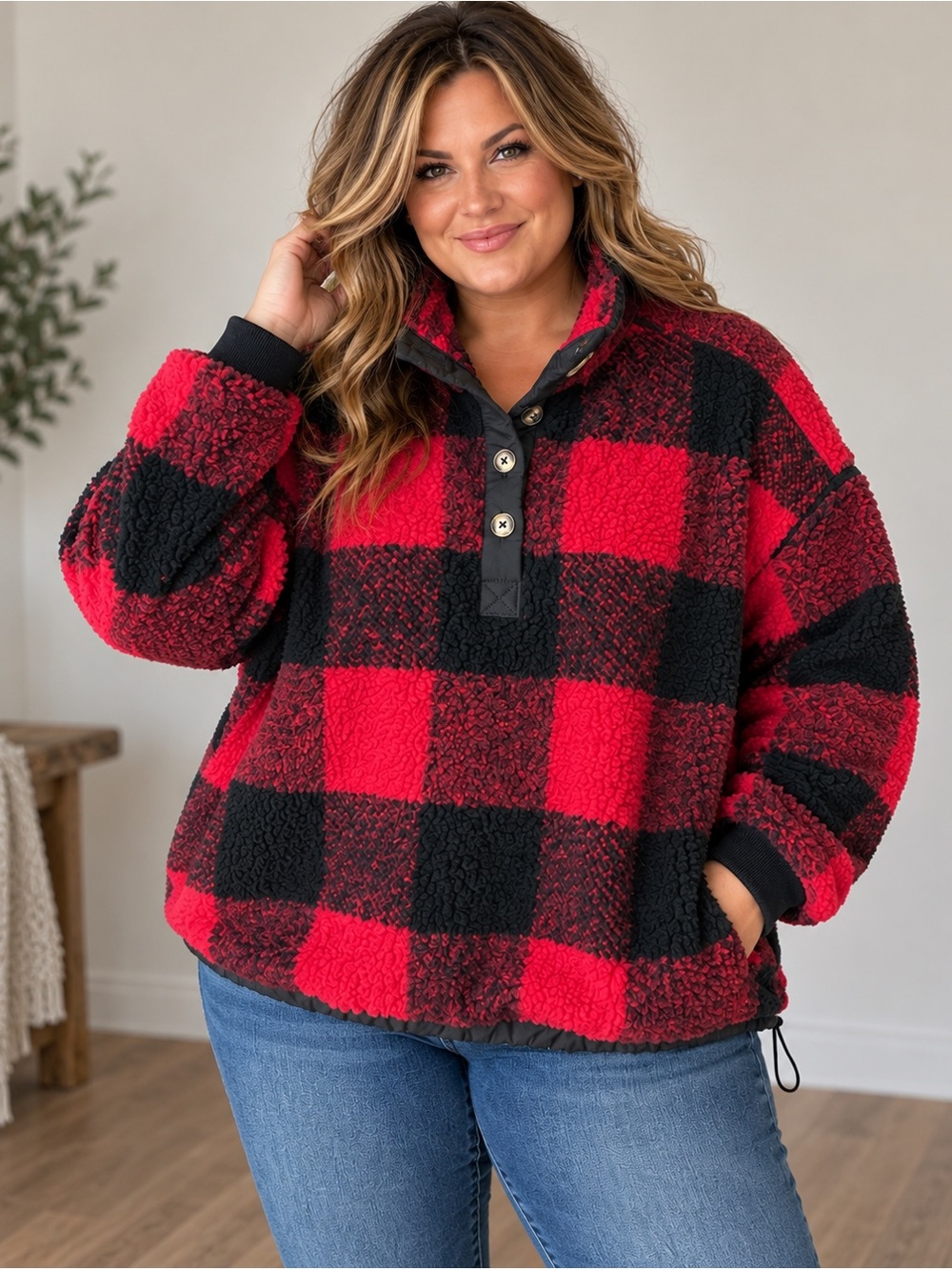 American Eagle Sherpa Buffalo Plaid Pullover Jacket Red Black XL